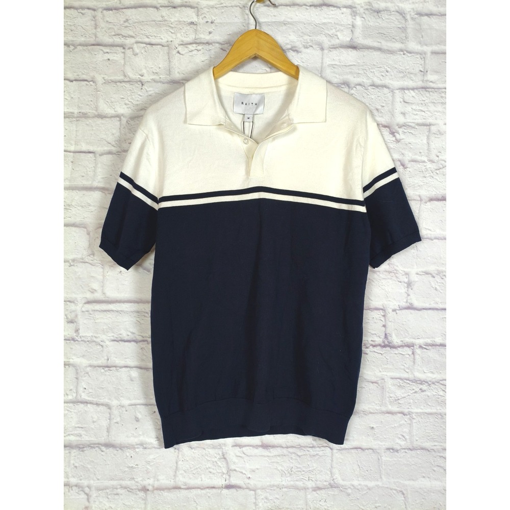 Raith Vicolo Knitted Striped Block Polo Navy Sand Size Med Soft Preppy Golf Work